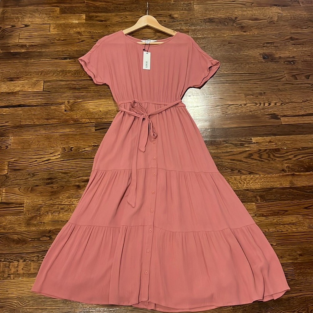 BB Dakota Terra Cotta/Rose colored tiered dress with waist tie.